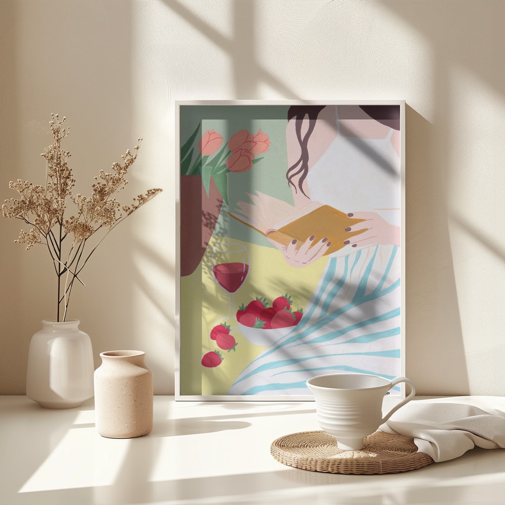 Illustration einer lesenden Frau mit Rotwein, Erdbeeren und Tulpen in Pastellfarben
