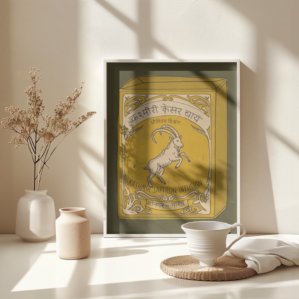Illustration einer gelben Vintage-Teedose mit Steinbock und Schriftzug Kashmir Saffron Infusion
