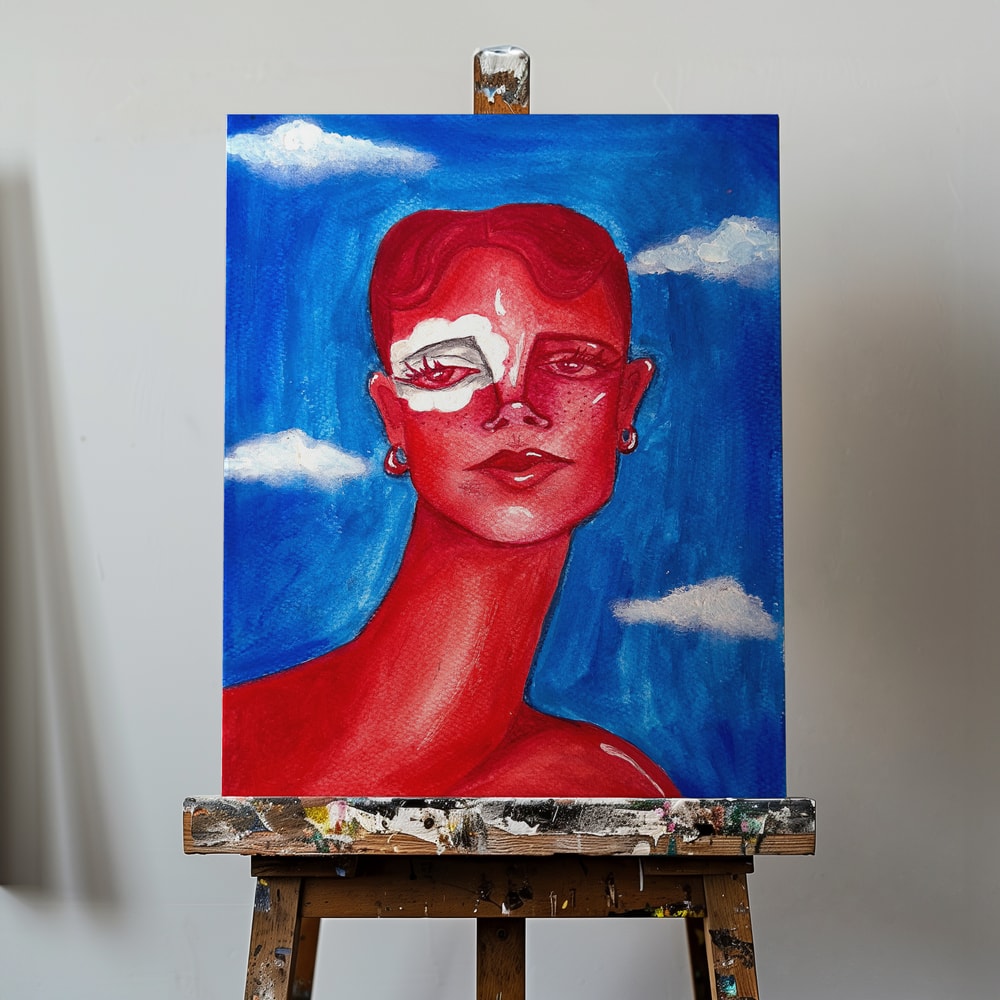 Surreales Porträt einer Frau in Rot vor blauem Himmel mit Wolken