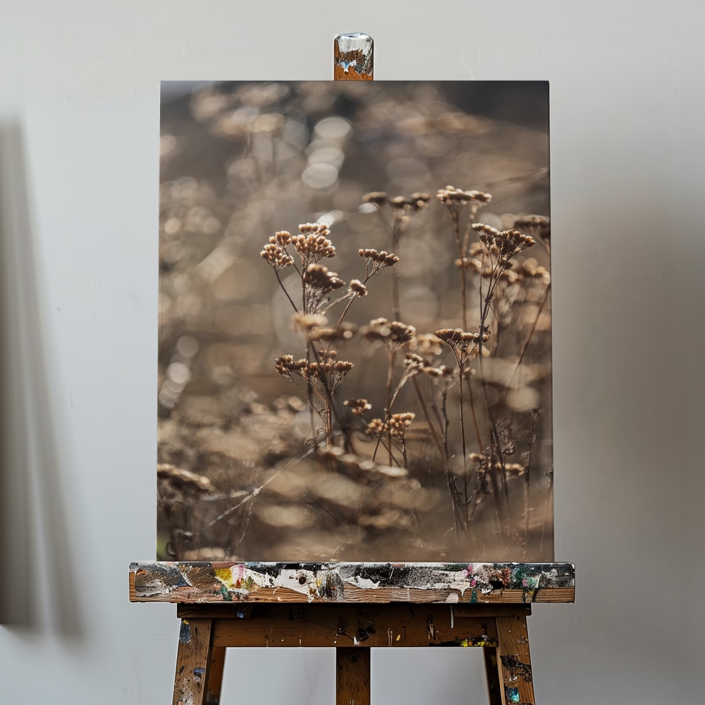 Fotografie trockener Blüten im goldenen Gegenlicht mit unscharfem Hintergrund