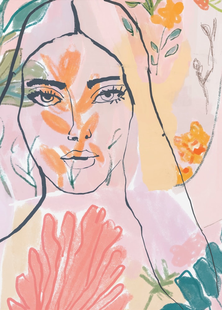 Linienzeichnung eines Frauengesichts zwischen rosa, orangen und grünen Blüten