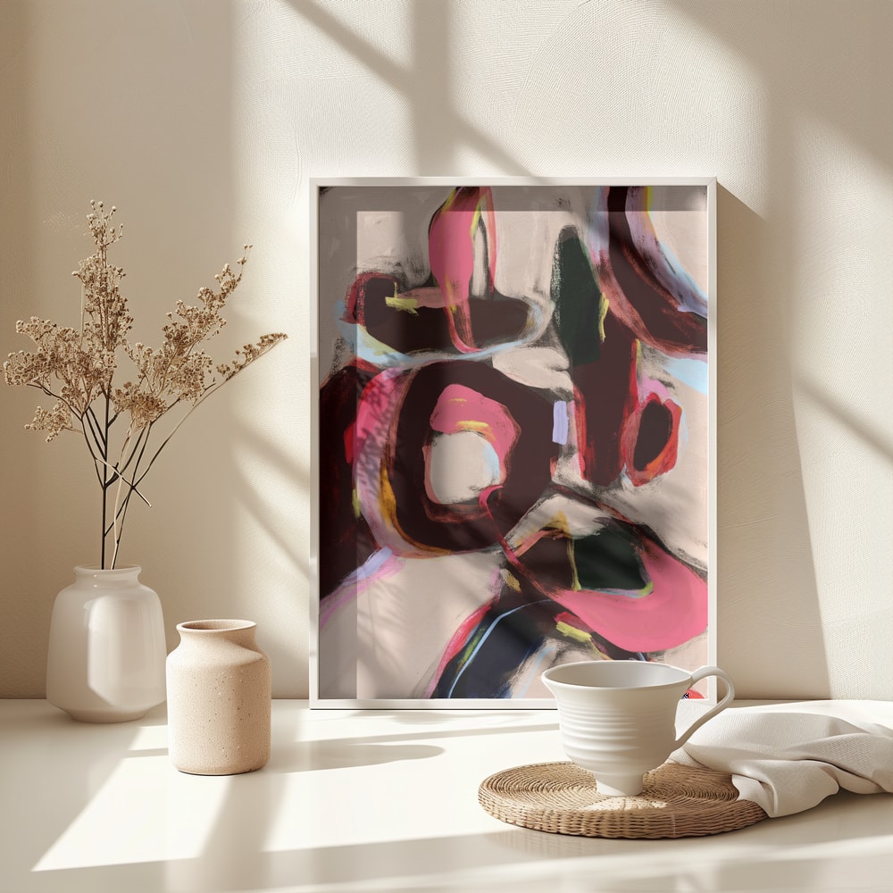 Abstrakte Malerei mit kräftigen Formen in Pink, Bordeaux und Schwarz