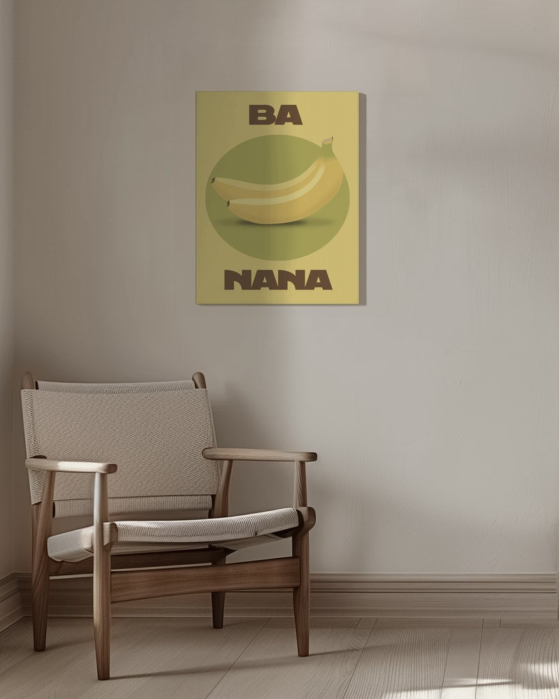 Zwei Bananen auf grünem Kreis mit Schriftzug Ba Nana auf gelbem Hintergrund