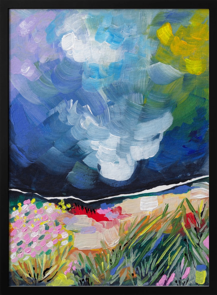 Expressives Gemälde einer bunten Blumenwiese unter blau-weißem Wolkenhimmel