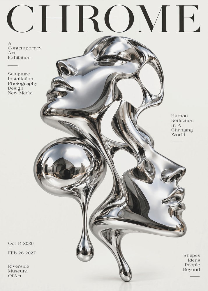 Ausstellungsplakat mit dem Schriftzug Chrome und einer Skulptur aus zwei verschmelzenden Chrom-Gesichtern