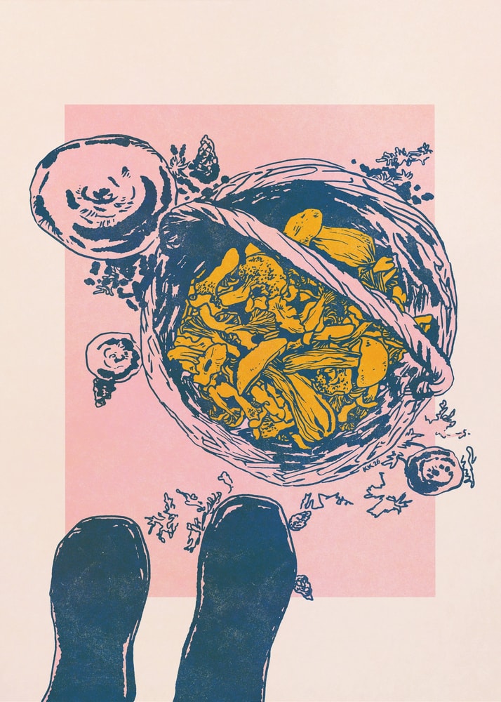 Illustration eines Korbs mit gelben Pilzen und zwei Gummistiefeln von oben auf rosa Hintergrund