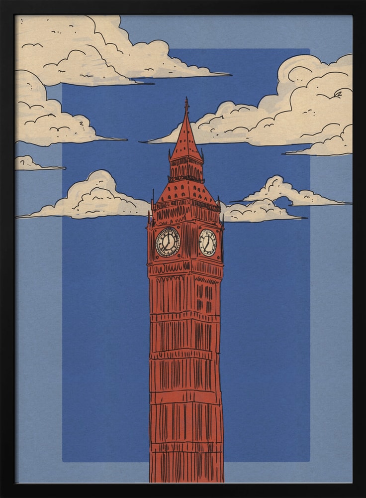 Illustration des Big Ben in Rot vor blauem Himmel mit Wolken
