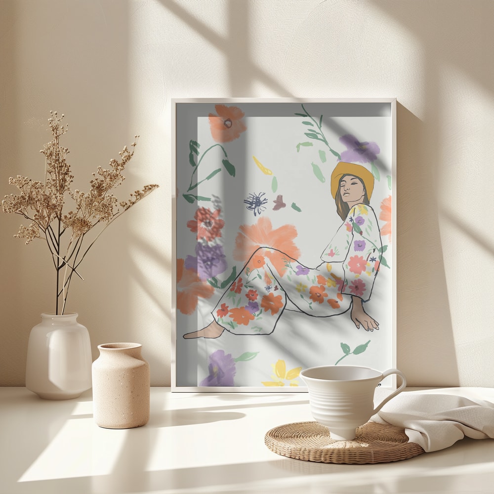 Illustration einer sitzenden Frau mit gelbem Hut im Blumenkleid zwischen bunten Blüten