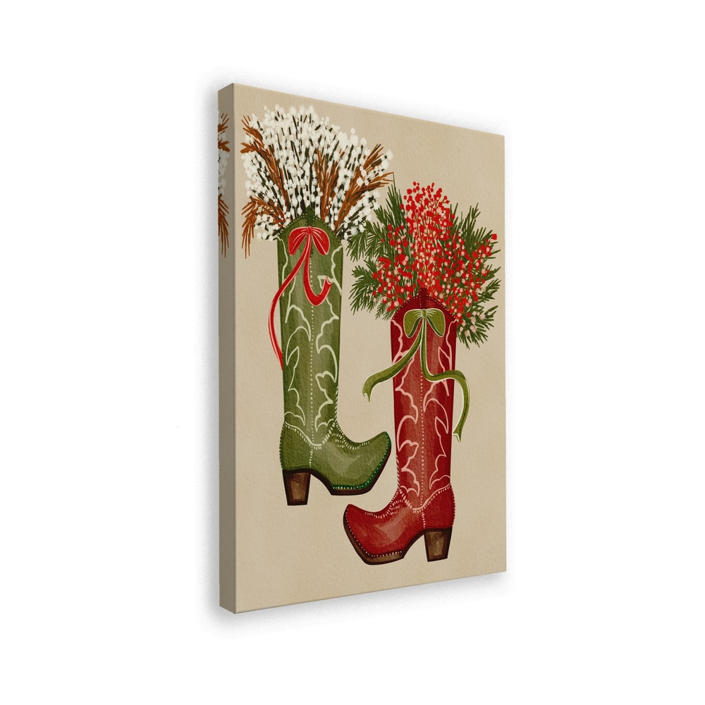 Illustration eines grünen und eines roten Cowboystiefels mit Beeren, Zweigen und Schleifen