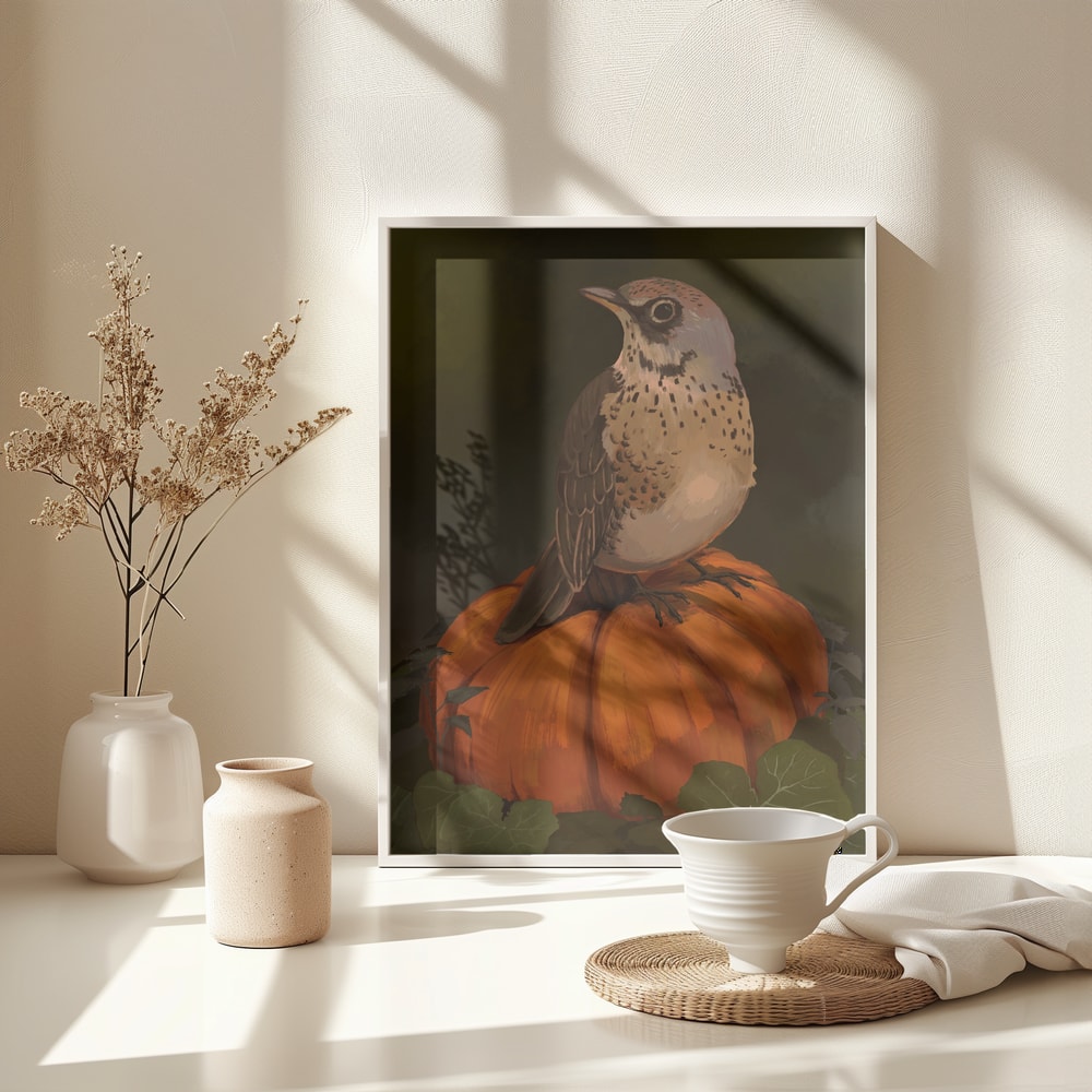 Gemälde eines kleinen gesprenkelten Vogels auf einem orangen Kürbis vor dunkelgrünem Hintergrund