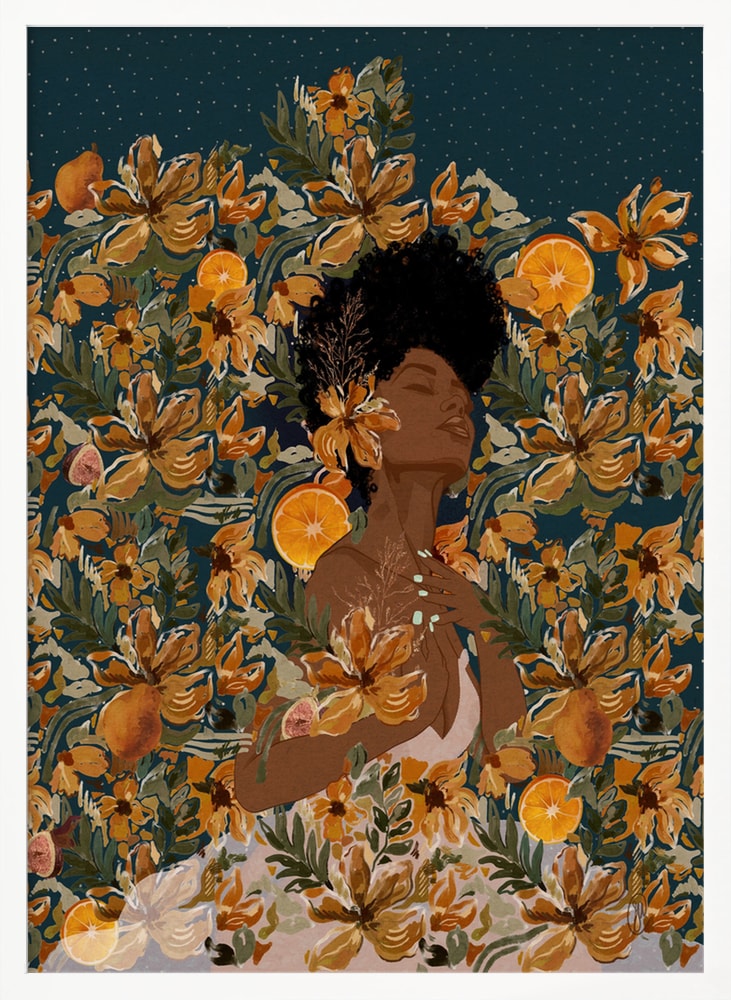 Illustration einer Frau mit geschlossenen Augen zwischen orangen Blüten und Orangen unter einem Sternenhimmel