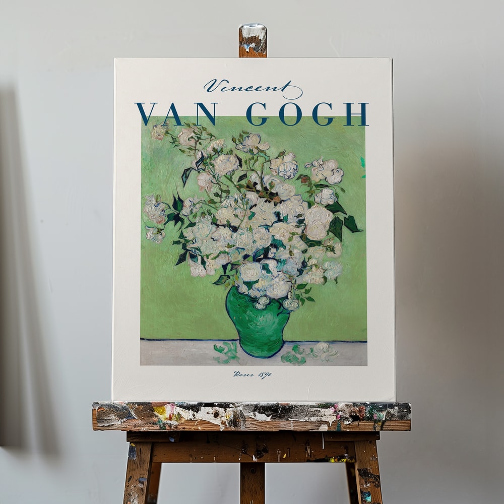 Ausstellungsplakat Vincent van Gogh mit weißen Rosen in grüner Vase, blauer Schriftzug