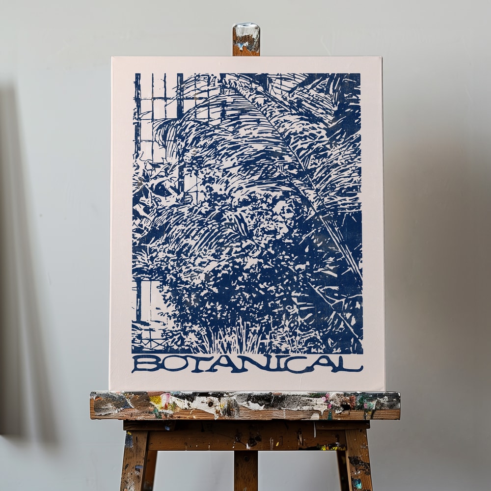 Blaue Illustration von dichten Pflanzen in einem Gewächshaus mit Schriftzug Botanical