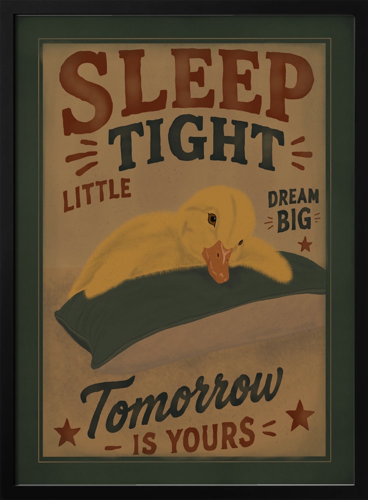 Retro-Plakat mit schlafendem gelbem Entenküken und Schriftzug Sleep Tight Little, Dream Big, Tomorrow is yours