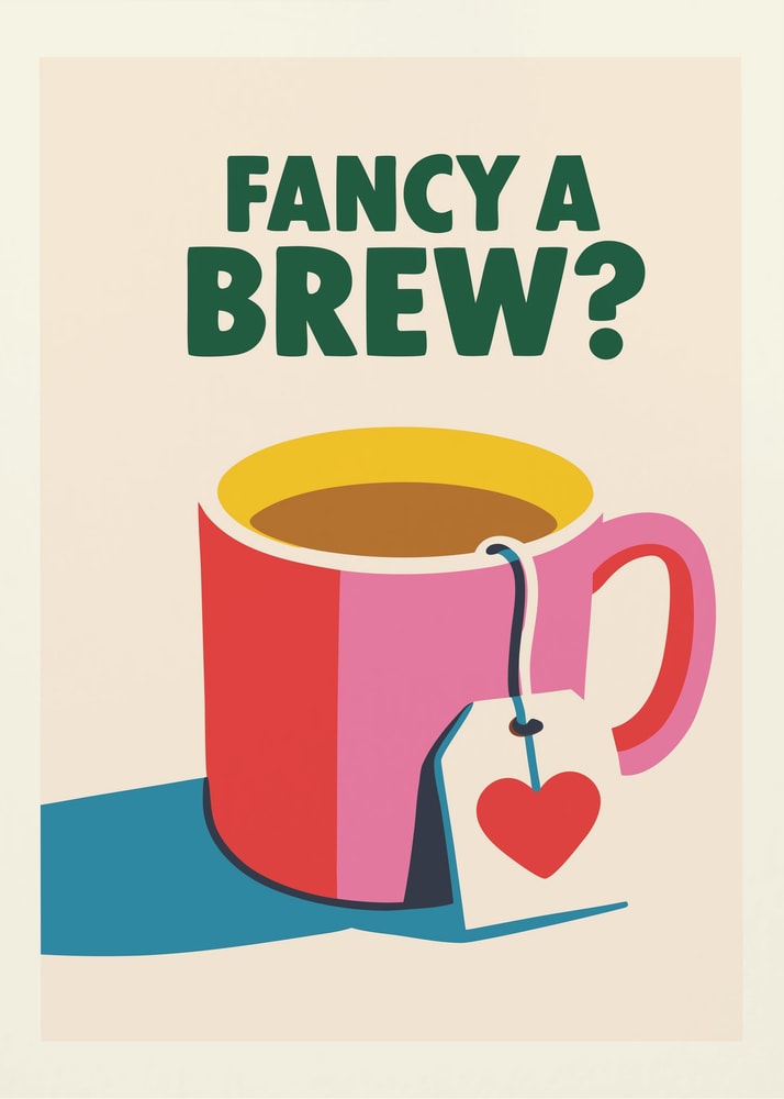 Illustration einer roten Tasse mit Teebeutel und Herzanhänger, Schriftzug Fancy a Brew