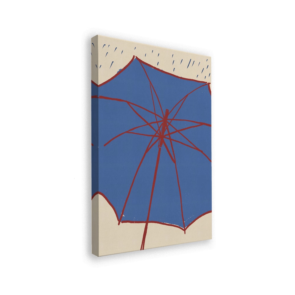 Illustration eines blauen Regenschirms mit roten Streben und Regentropfen auf hellem Hintergrund
