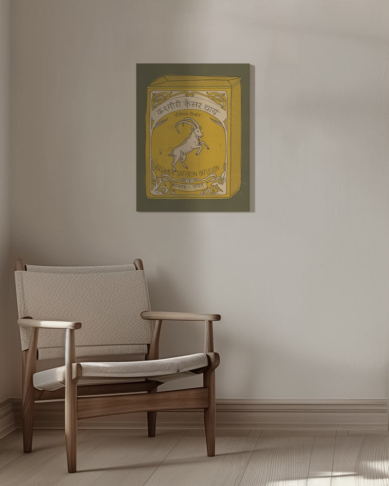 Illustration einer gelben Vintage-Teedose mit Steinbock und Schriftzug Kashmir Saffron Infusion