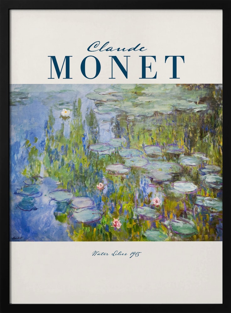 Ausstellungsplakat Claude Monet mit Seerosen auf blau-violettem Wasser, blauer Schriftzug
