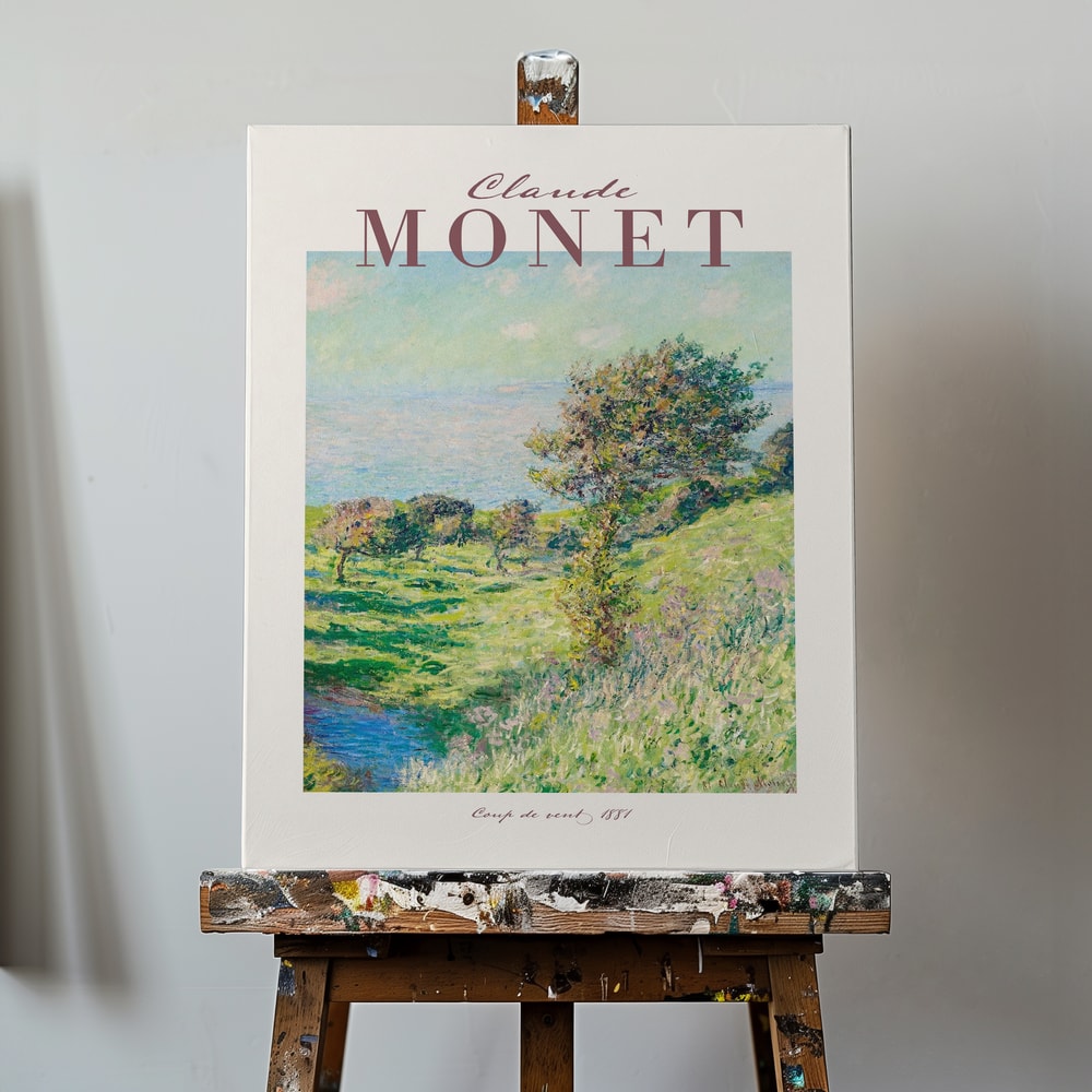 Ausstellungsplakat Claude Monet mit dem Gemälde Windstoß, Schriftzug in Mauve