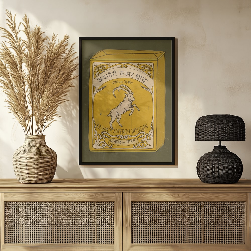 Illustration einer gelben Vintage-Teedose mit Steinbock und Schriftzug Kashmir Saffron Infusion