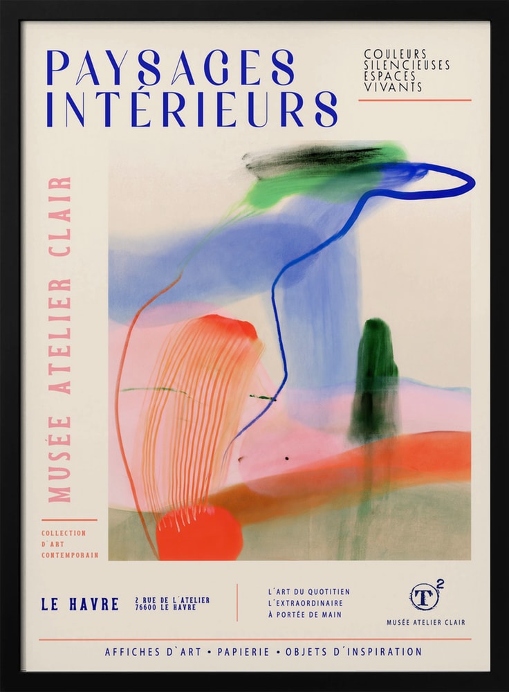 Ausstellungsplakat mit Schriftzug Paysages Intérieurs und bunten Pinselspuren