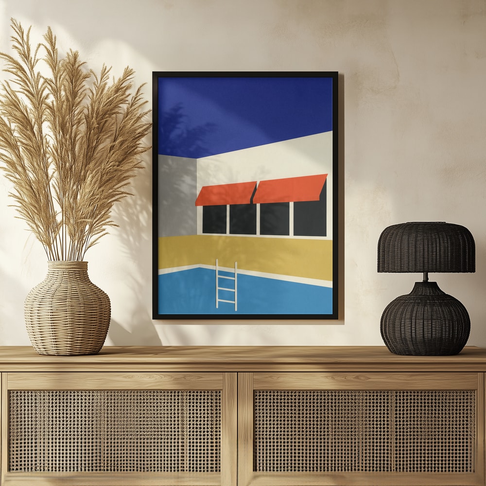 Grafische Illustration eines Gebäudes mit roten Markisen am blauen Pool