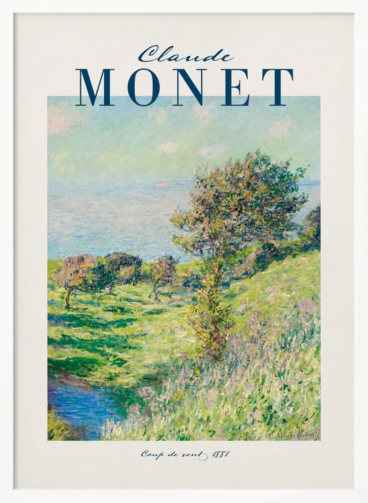 Ausstellungsplakat Claude Monet mit dem Gemälde Windstoß, dunkelblauer Schriftzug