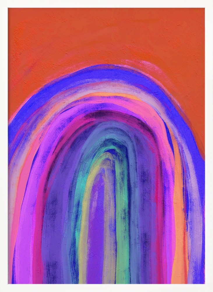 Gemalter Regenbogen in Violett, Pink, Blau und Gelb vor orangem Hintergrund