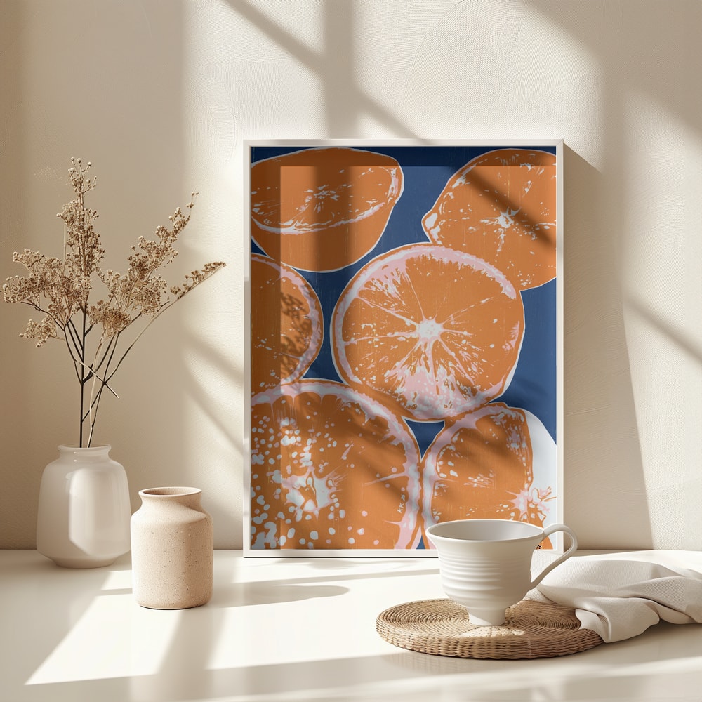 Illustration halbierter Orangen auf dunkelblauem Hintergrund