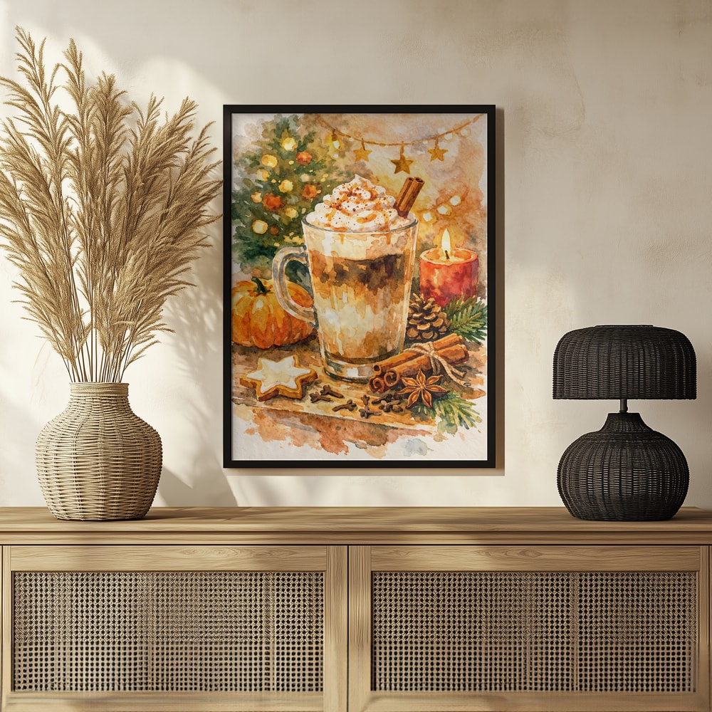 Aquarell eines Latte mit Sahnehaube, Zimtstangen, Sternanis, Lebkuchen und Kerze vor Weihnachtsbaum