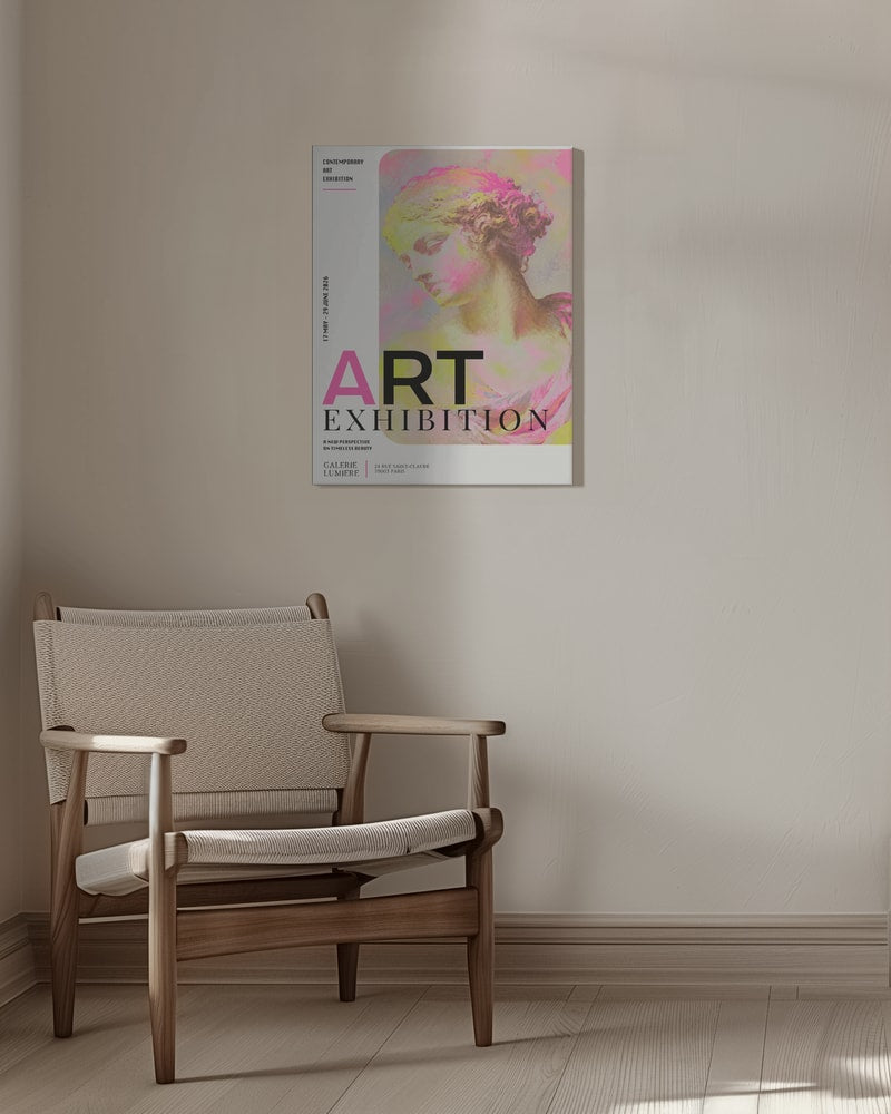 Ausstellungsplakat mit antiker Büste in Pink und Gelb und Schriftzug Art Exhibition