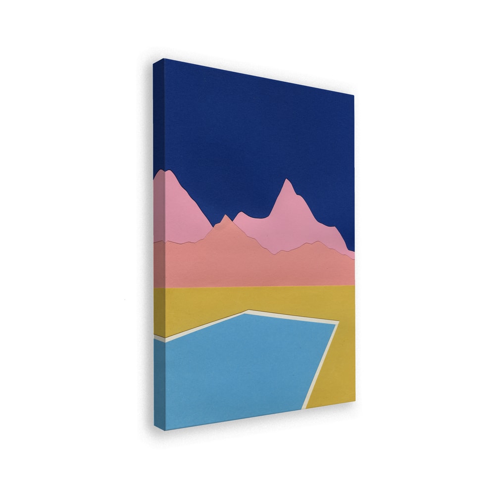 Grafische Illustration eines blauen Pools vor rosa Bergen und dunkelblauem Himmel