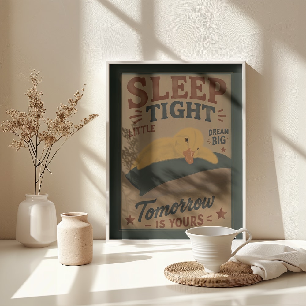 Retro-Plakat mit schlafendem gelbem Entenküken und Schriftzug Sleep Tight Little, Dream Big, Tomorrow is yours