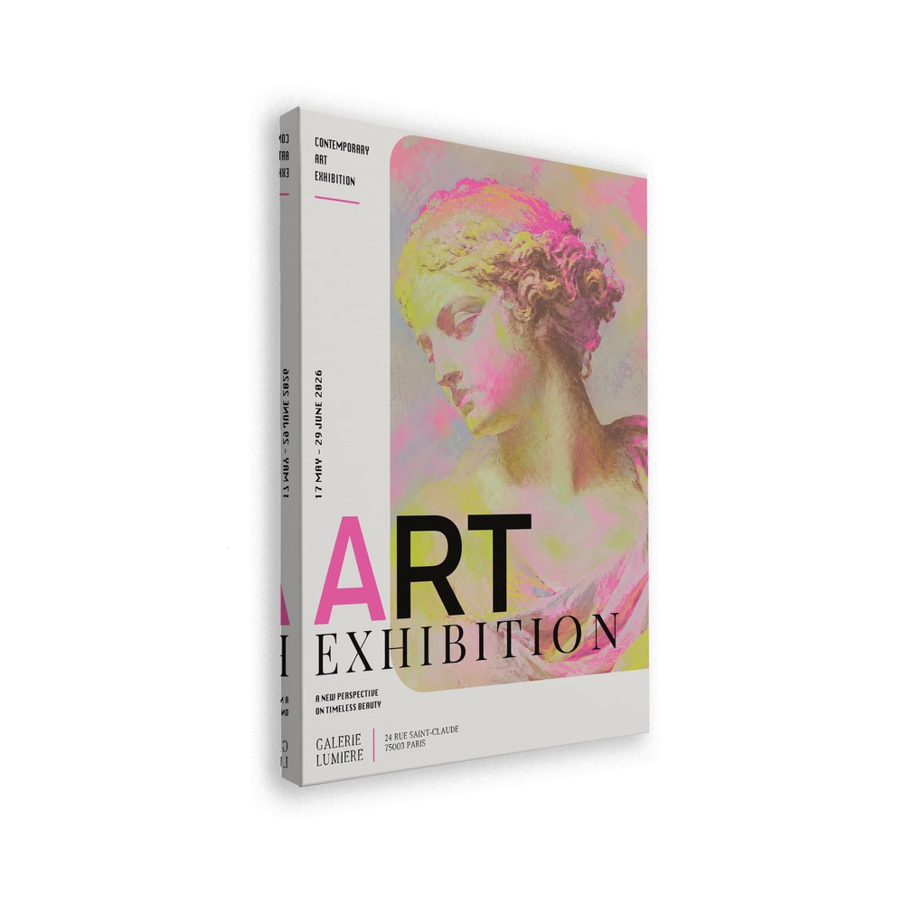 Ausstellungsplakat mit antiker Büste in Pink und Gelb und Schriftzug Art Exhibition