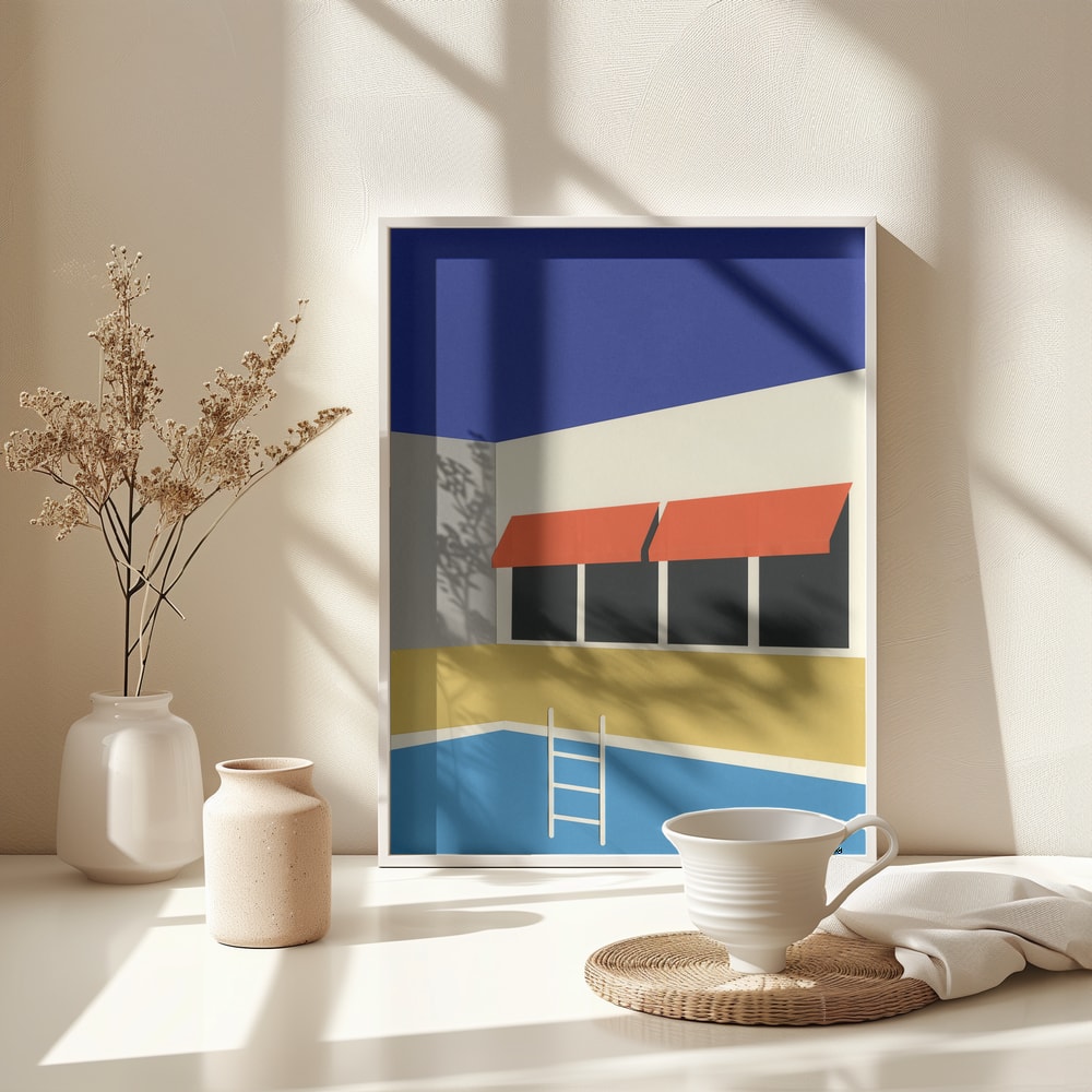 Grafische Illustration eines Gebäudes mit roten Markisen am blauen Pool