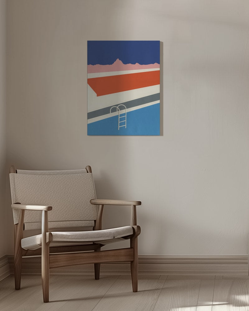 Grafische Illustration einer Poolleiter mit roten Flächen und rosa Bergkette