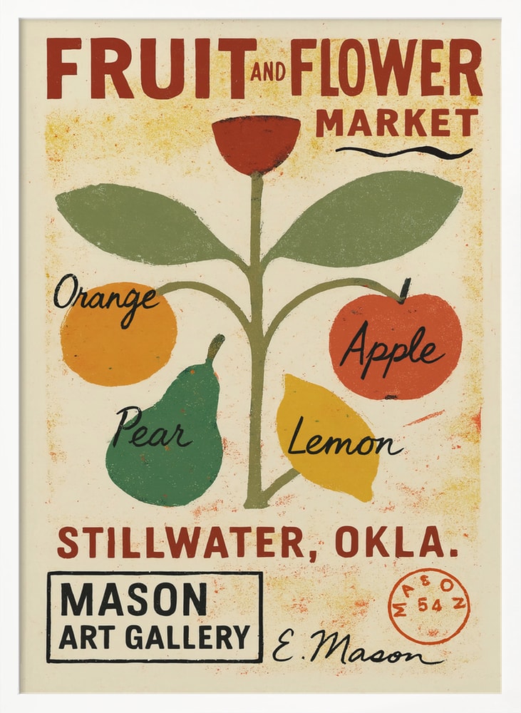 Vintage-Marktplakat mit Früchten an einer Pflanze und Schriftzug Fruit and Flower Market