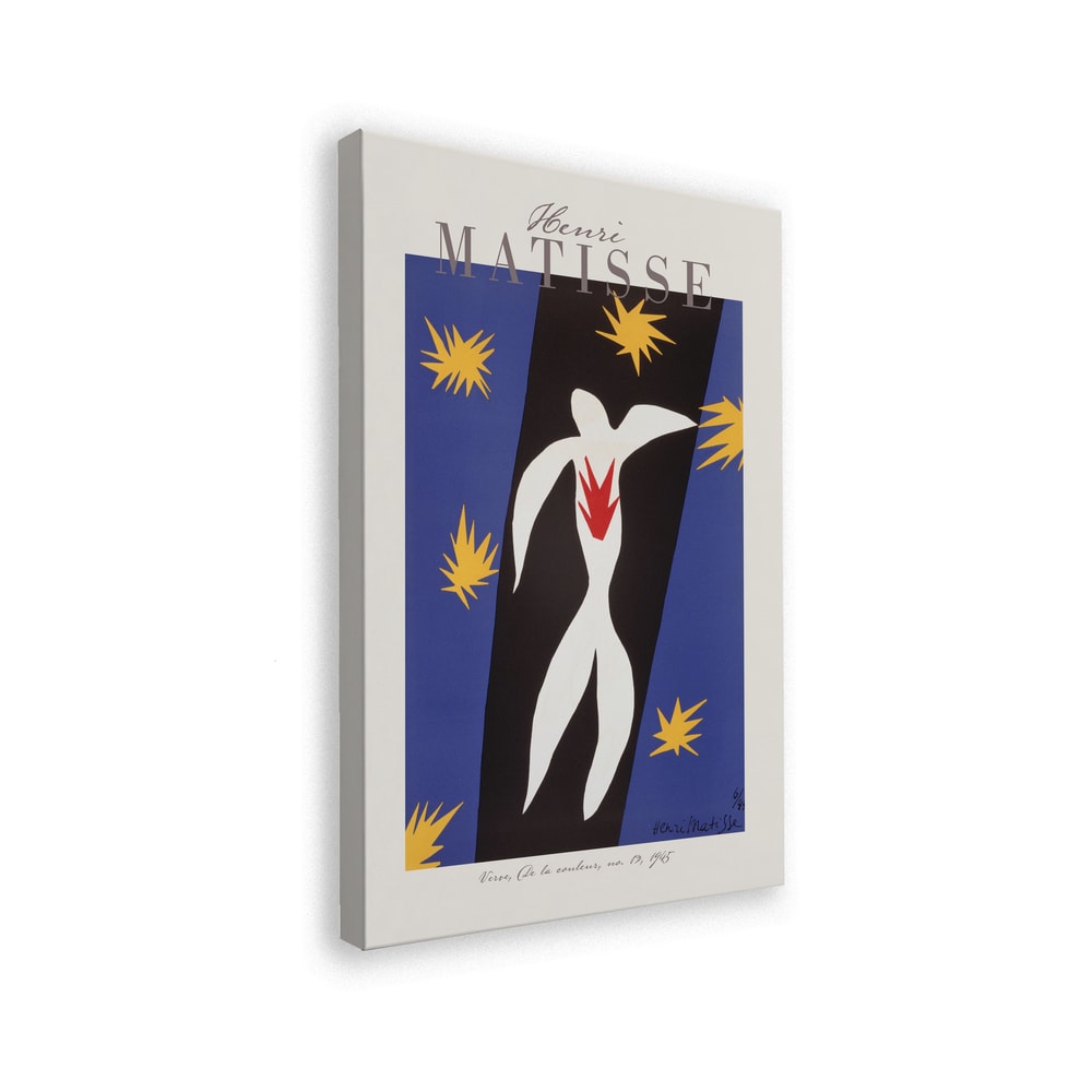 Ausstellungsplakat Henri Matisse mit weißer Ikarus-Figur und gelben Sternen auf Blau, grauer Schriftzug