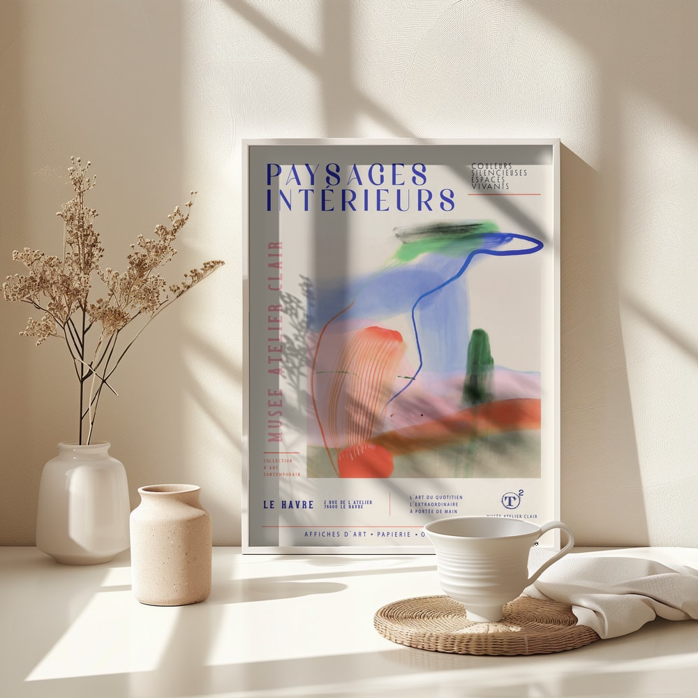 Ausstellungsplakat mit Schriftzug Paysages Intérieurs und bunten Pinselspuren