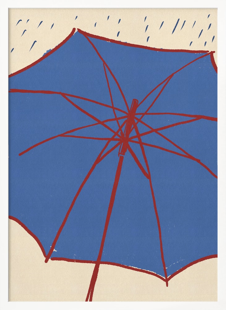Illustration eines blauen Regenschirms mit roten Streben und Regentropfen auf hellem Hintergrund