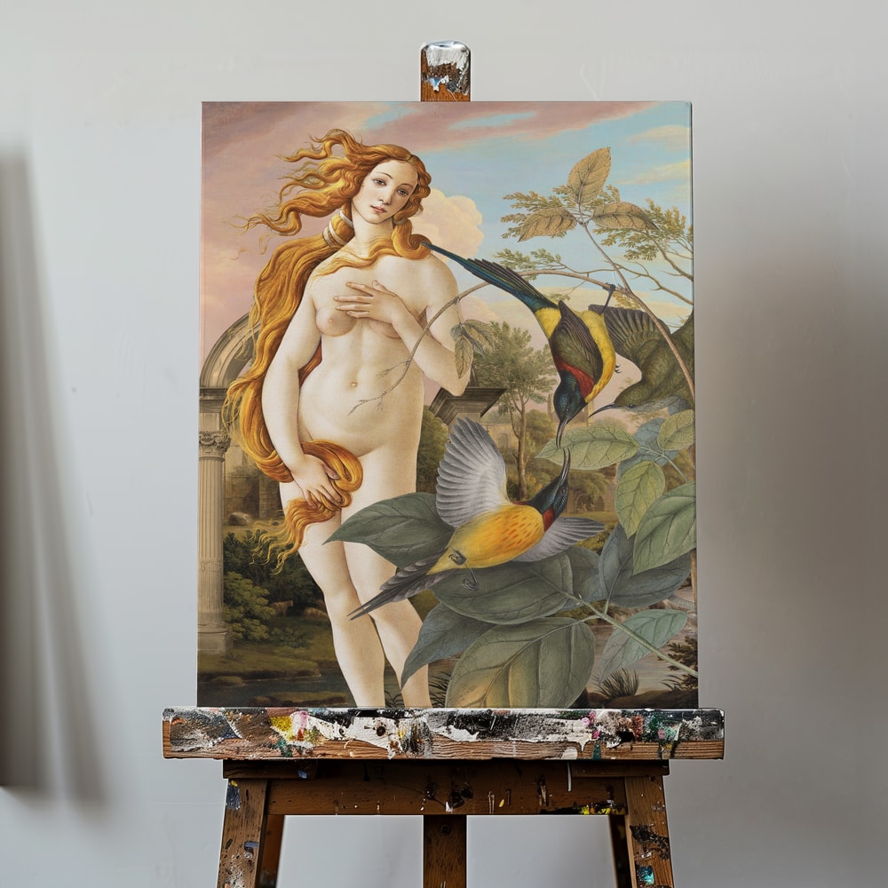 Collage der Venus von Botticelli zwischen bunten tropischen Vögeln und Pflanzen