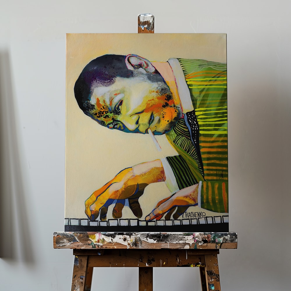 Expressives, farbiges Gemälde eines Jazzpianisten über den Klaviertasten