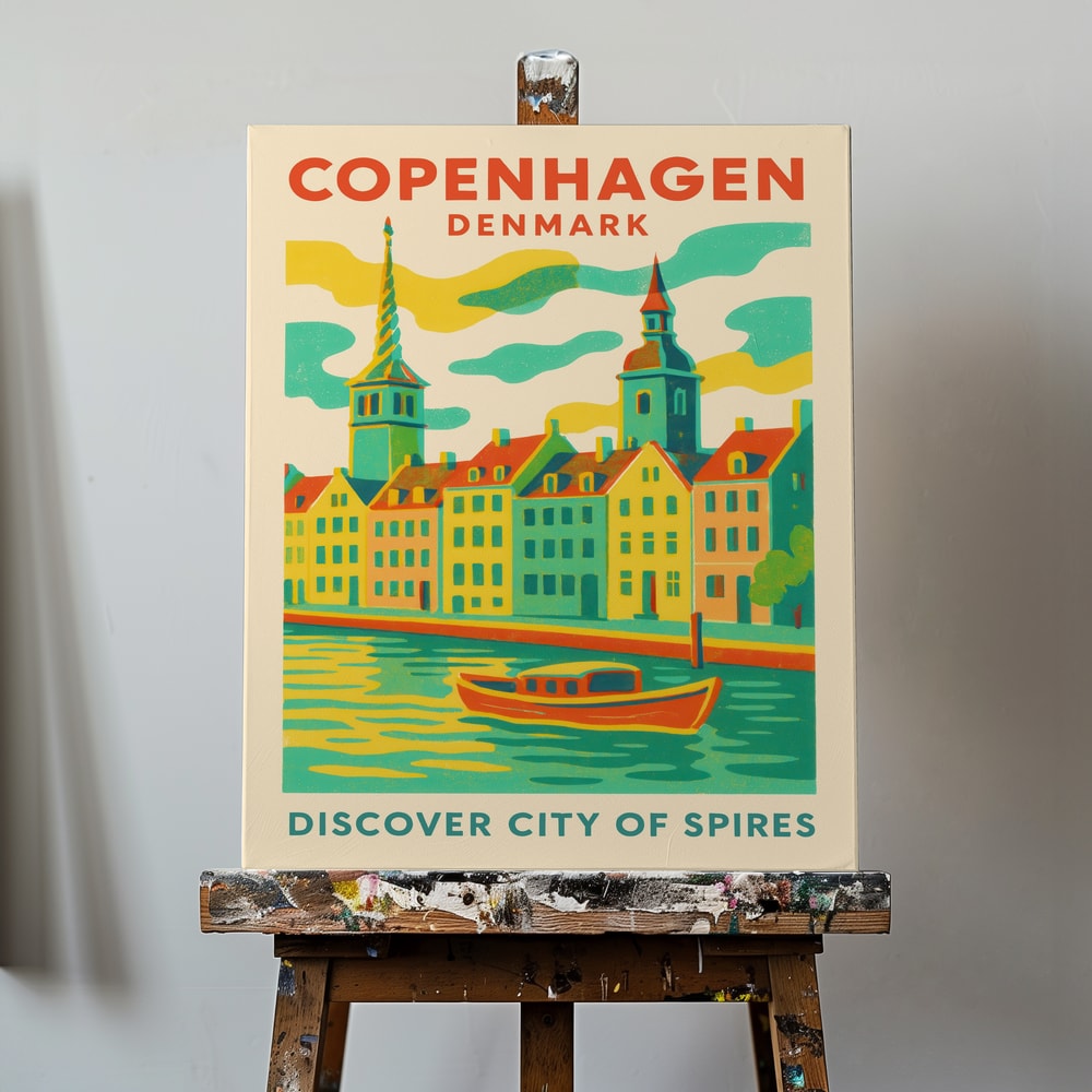 Reiseplakat Kopenhagen mit bunten Häusern, Kirchtürmen und Boot auf dem Kanal