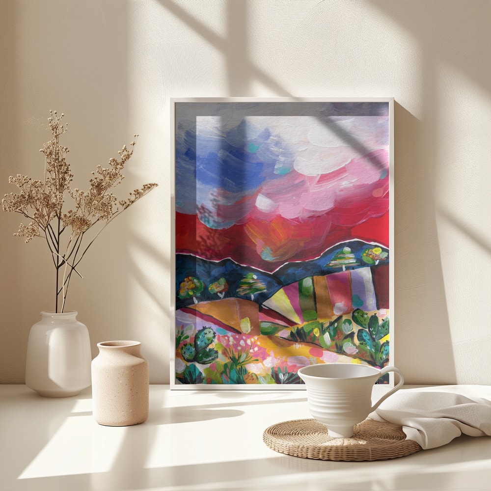 Expressives Gemälde einer bunten Wüstenlandschaft mit Kakteen und wolkigem Himmel