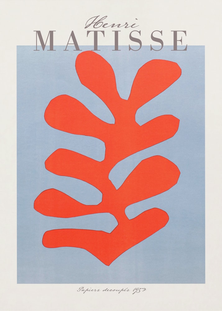 Ausstellungsplakat Henri Matisse mit korallenrotem Scherenschnitt-Blatt auf hellblauem Grund, grauer Schriftzug