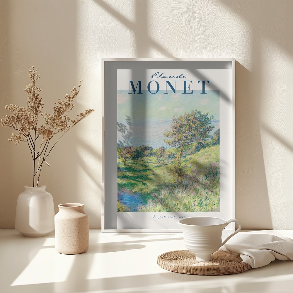 Ausstellungsplakat Claude Monet mit dem Gemälde Windstoß, dunkelblauer Schriftzug
