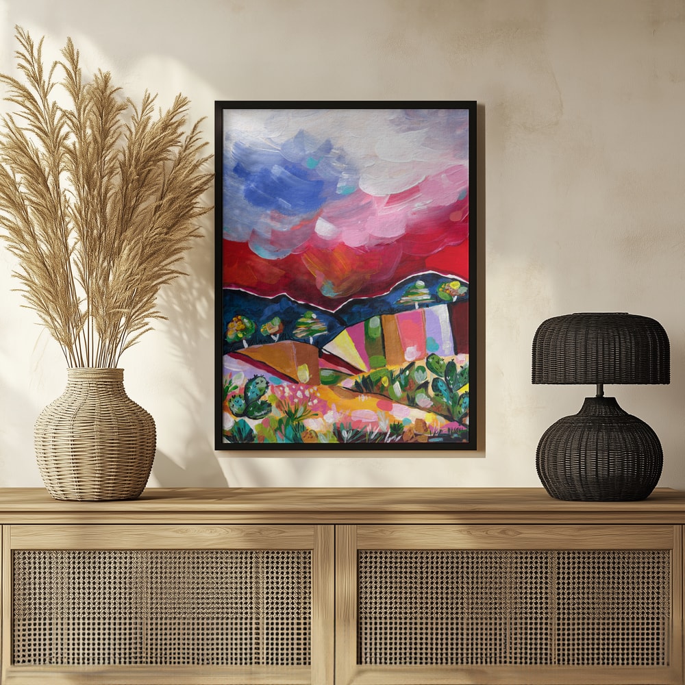 Expressives Gemälde einer bunten Wüstenlandschaft mit Kakteen und wolkigem Himmel