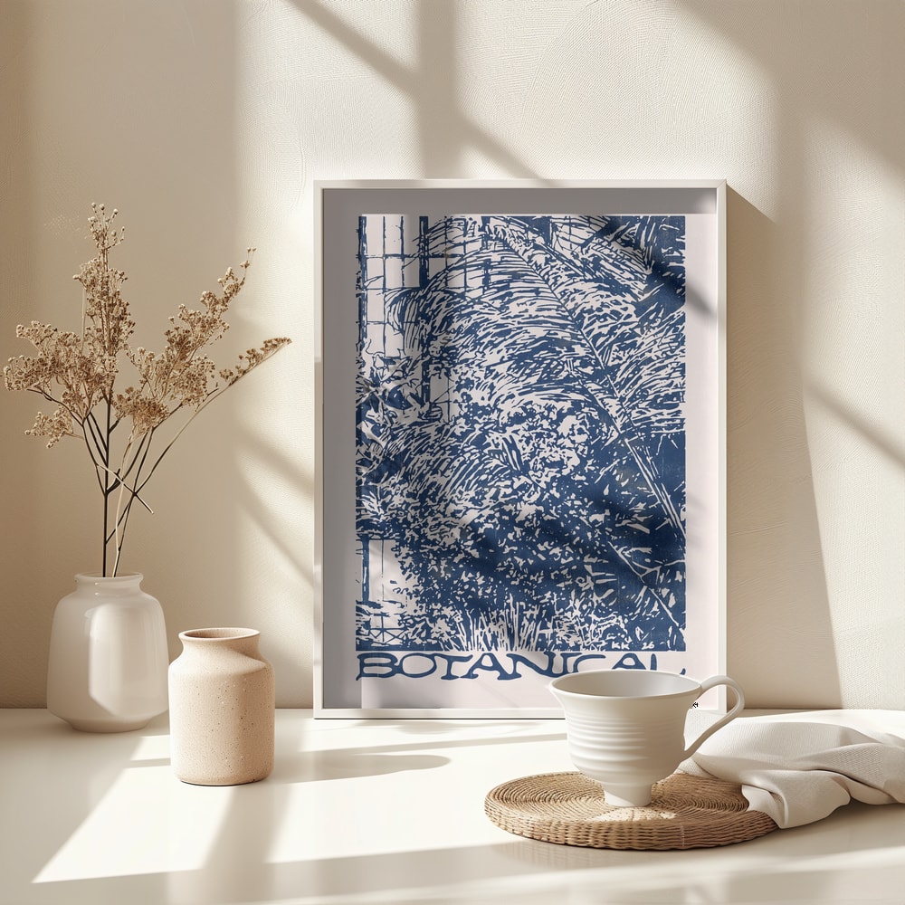 Blaue Illustration von dichten Pflanzen in einem Gewächshaus mit Schriftzug Botanical