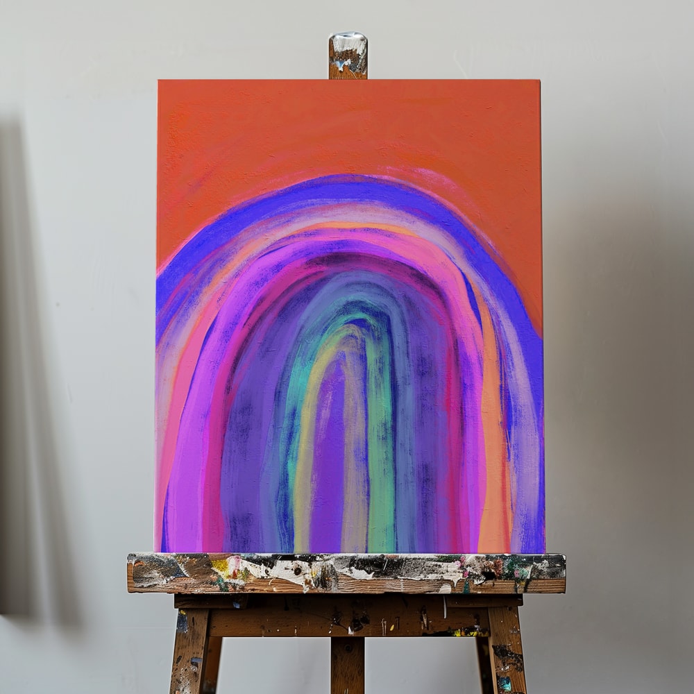 Gemalter Regenbogen in Violett, Pink, Blau und Gelb vor orangem Hintergrund