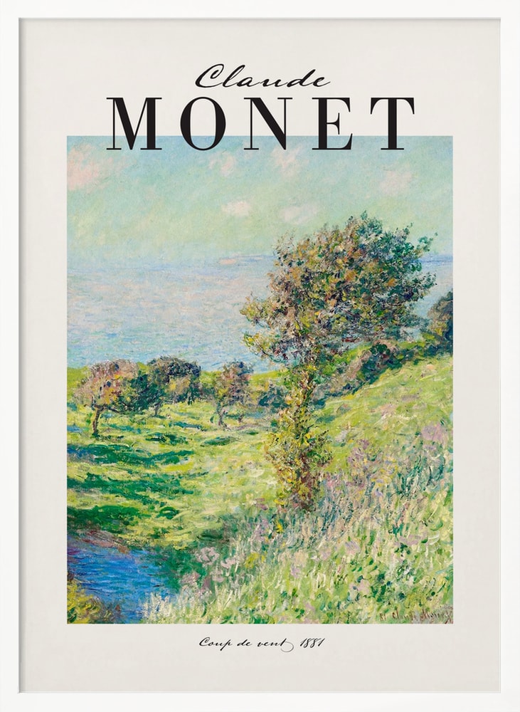 Ausstellungsplakat Claude Monet mit dem Gemälde Windstoß, schwarzer Schriftzug
